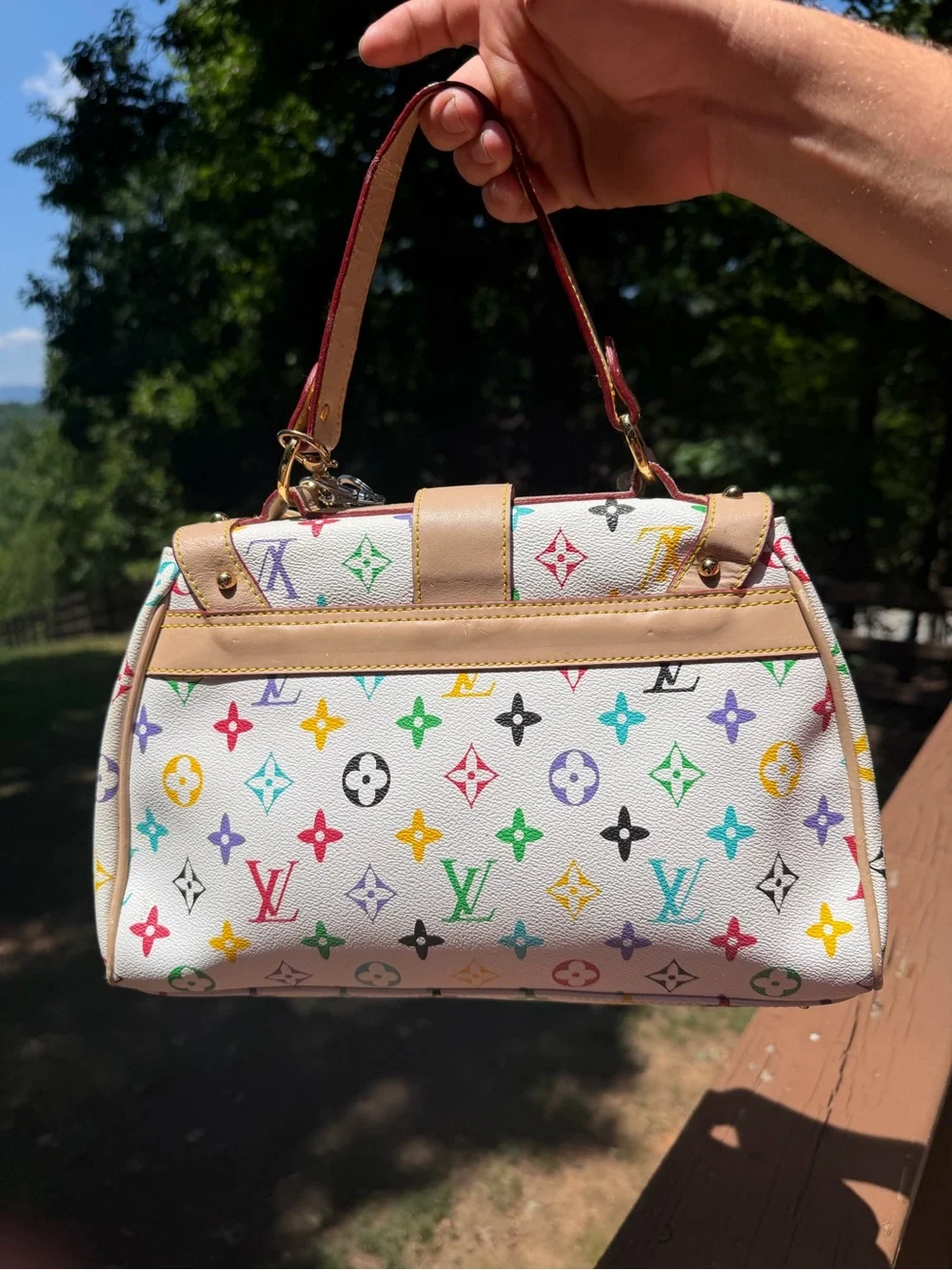White Multicolor Monogram Satchel with Pom Charm